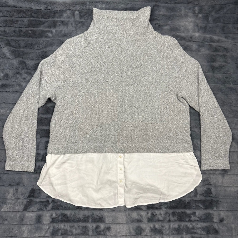LOFT Womens Grey Marl Mixed Media Funnel Neck Sweater White Shirttail Hem XL